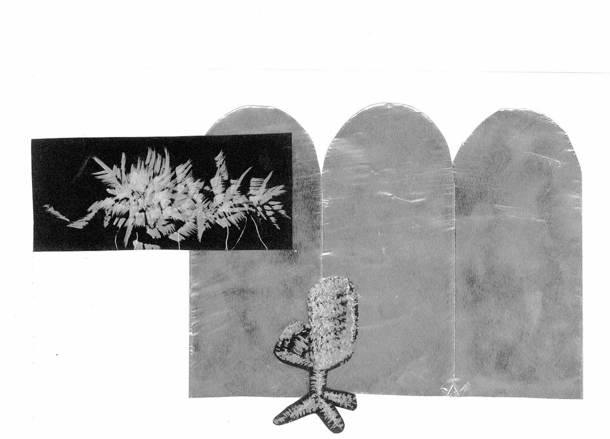 Ilustração escritório, colagem e desenho com tinta acrilica, fita cola de alumínio e cartolina, por Ângela Rocha.