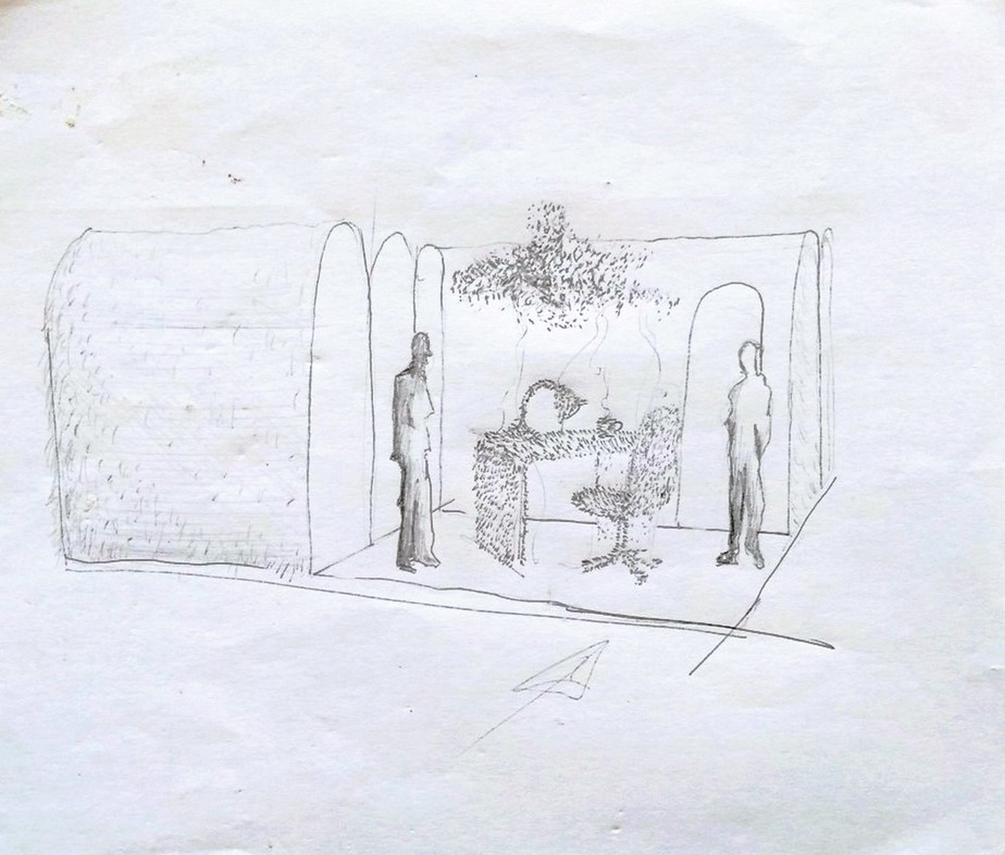 Esboço perspetiva da instalação, grafite sobre papel, por Ângela Rocha.